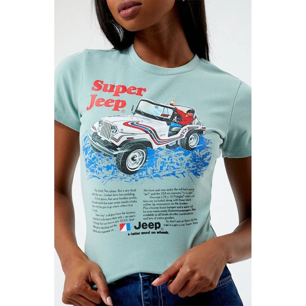 SUPER JEEP crop top tee t-shirt soft green graphics XL girl‎ wrangler renegade